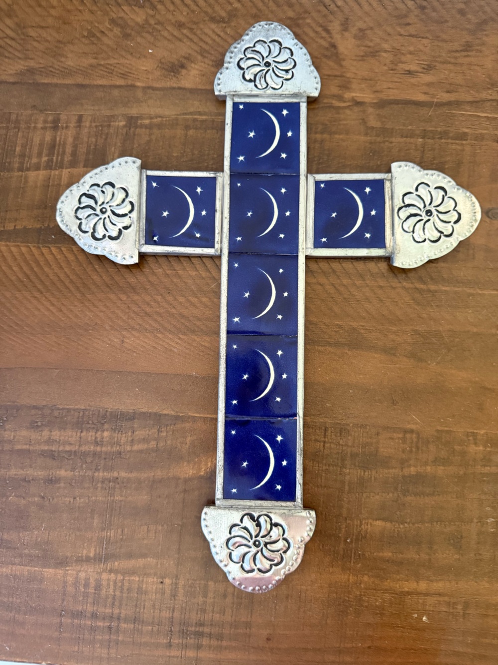 Talavera Style Metal & Blue Ceramic Tile Wall Cross 14” Moon Stars
